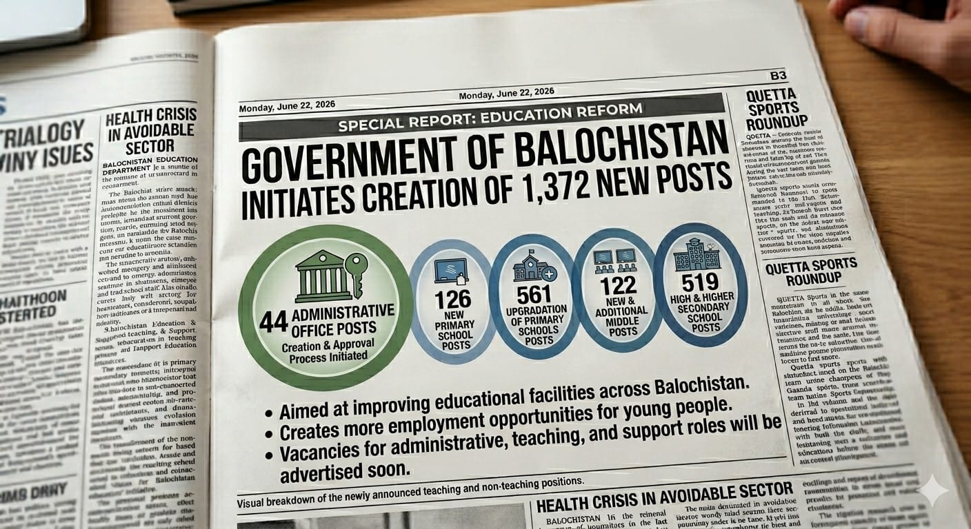 محکمہ تعلیم بلوچستان میں 1,372 نئی تدریسی و غیر تدریسی آسامیوں کی منظوری کا عمل شروع